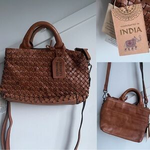 Weaver Leather Crossbody Bag Brown Vintage Handcrafted In India